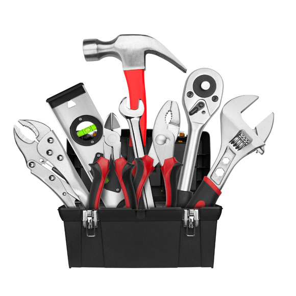 bucket of tools, includinghammer, screwdrivers, pliers, and wrench