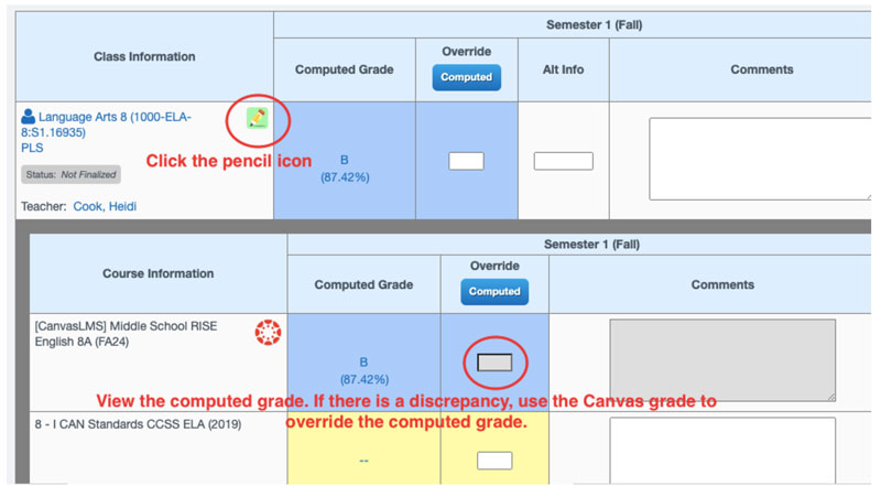 Pathways screenshot showing where to edit grades if needed 