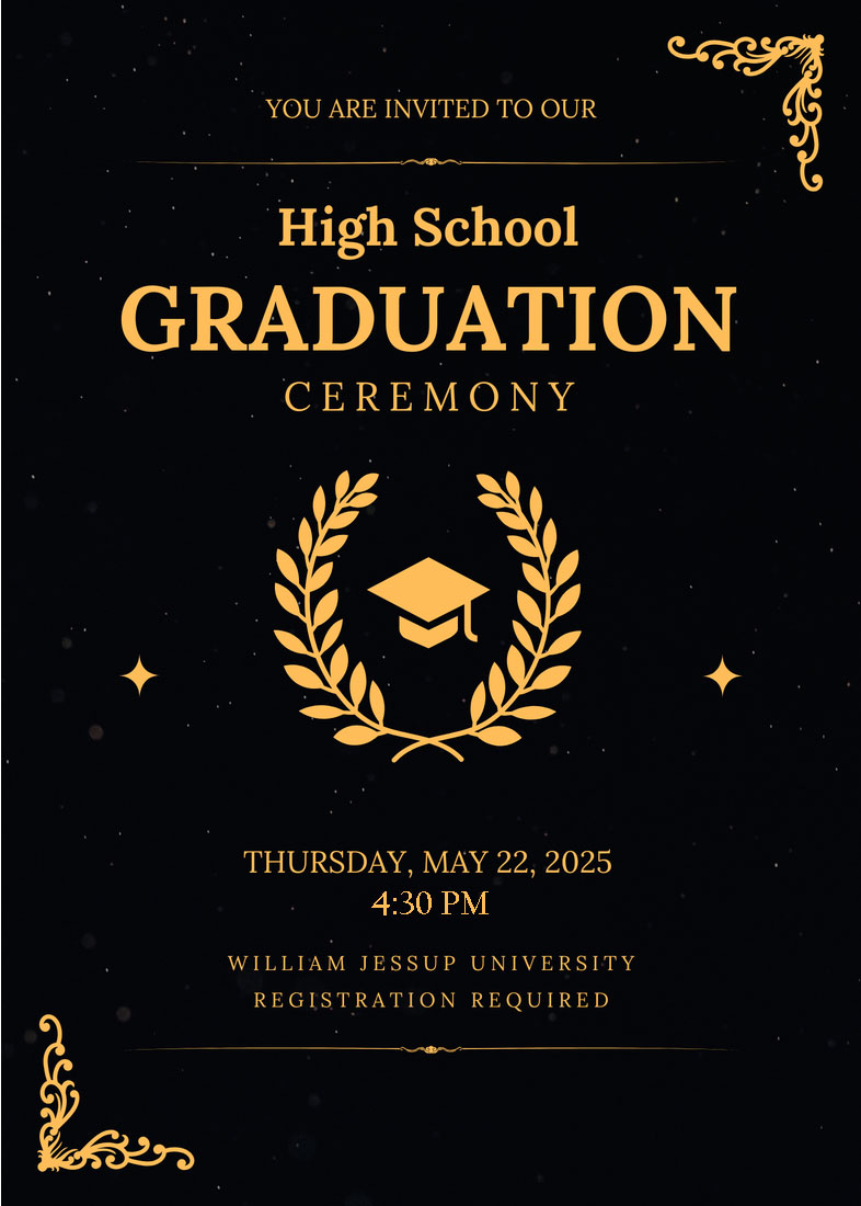 gradflyer-newtime black flyer with gold text that says high school graduation ceremony, Thursday, May 22, 2025 at 4:30pm