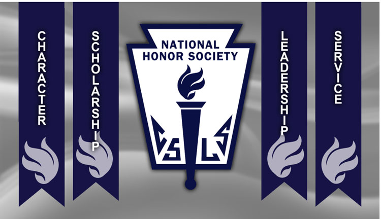 National Honor Society logo surrounded by banners saying Character, Scholarship, Leadership, Service