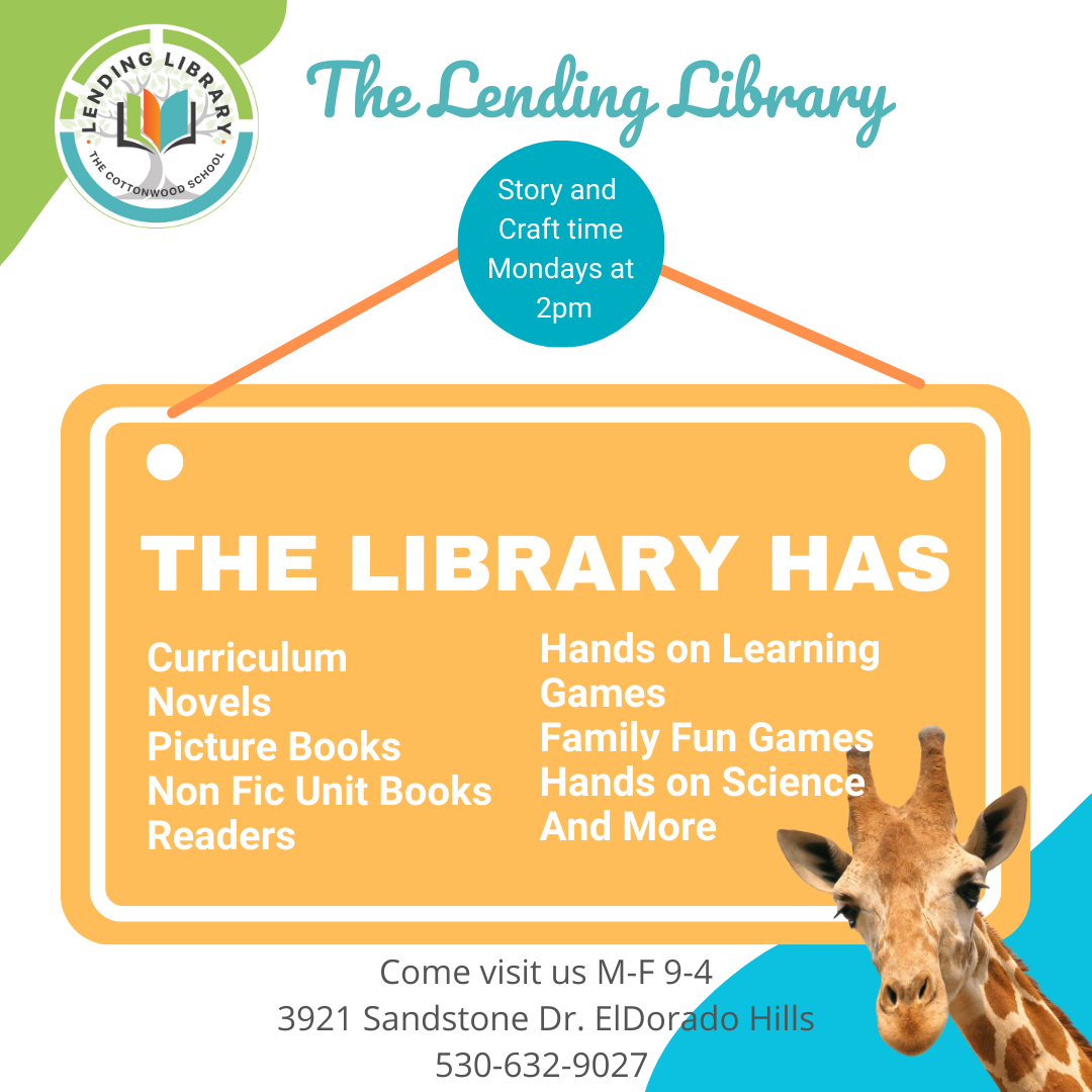 Lending Library -story and craft time Monday at 2pm. Hours M-F 9am - 4pm. 3921 Sandstone Drive, El Dorado Hills. 530-632-9027